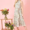 Yumi Mint Green Bird Floral Print Halter Dress