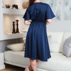 Navy A-Line Satin Wrap Dress With Tea Sleeves -Cheap My Dreamy Dress Store navy a line satin wrap dress with tea sleeves p23038 161387 image