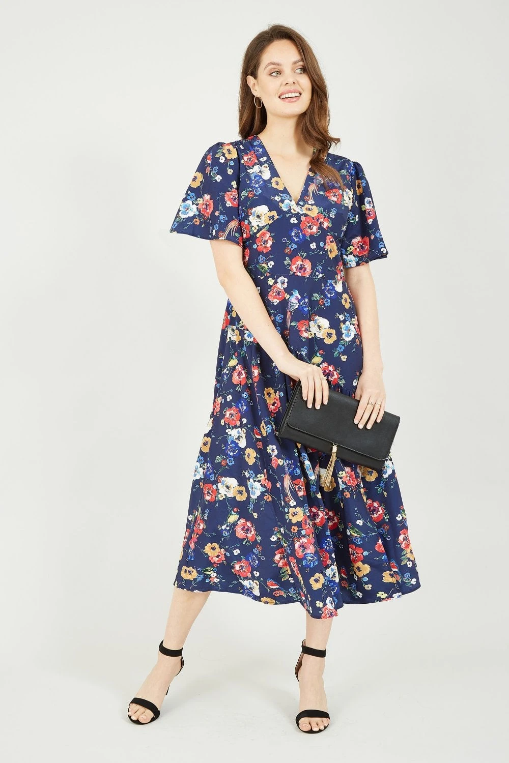 Yumi Navy Bird And Floral Print Midi Dress 1 Yumi Navy Bird And Floral Print Midi Dress