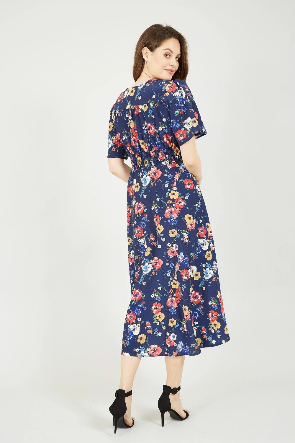 Yumi Navy Bird And Floral Print Midi Dress 4 Yumi Navy Bird And Floral Print Midi Dress - Image 4