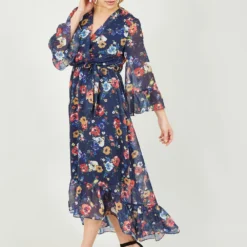 Yumi Navy Bird And Floral Print Wrap Dress