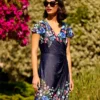 Yumi Navy Cluster Floral Bodycon Wrap Dress