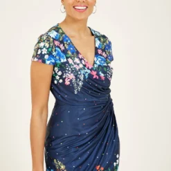 Yumi Navy Cluster Floral Bodycon Wrap Dress -Cheap My Dreamy Dress Store navy cluster floral bodycon wrap dress p7902 113896 image