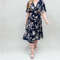 Yumi Navy Cluster Floral Satin Wrap Dress -Cheap My Dreamy Dress Store navy cluster floral satin wrap dress p10527 109105 image