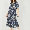 Yumi Navy Cluster Floral Satin Wrap Dress