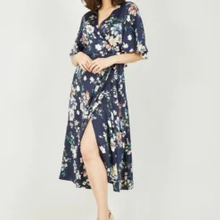 Yumi Navy Cluster Floral Satin Wrap Dress -Cheap My Dreamy Dress Store navy cluster floral satin wrap dress p10527 111335 image