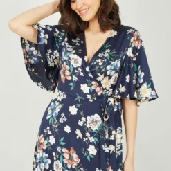 Yumi Navy Cluster Floral Satin Wrap Dress -Cheap My Dreamy Dress Store navy cluster floral satin wrap dress p10527 111336 image