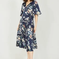 Yumi Navy Cluster Floral Satin Wrap Dress -Cheap My Dreamy Dress Store navy cluster floral satin wrap dress p10527 111337 image