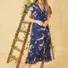 Yumi Navy Frill Crane Wrap Midi Dress