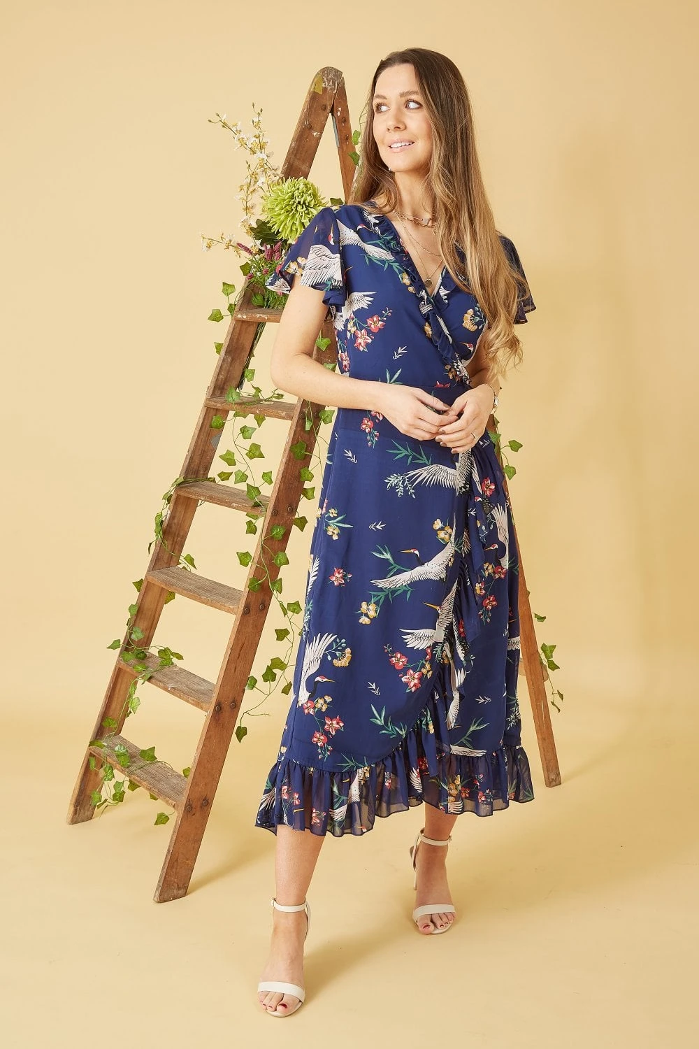 Yumi Navy Frill Crane Wrap Midi Dress 1 Yumi Navy Frill Crane Wrap Midi Dress