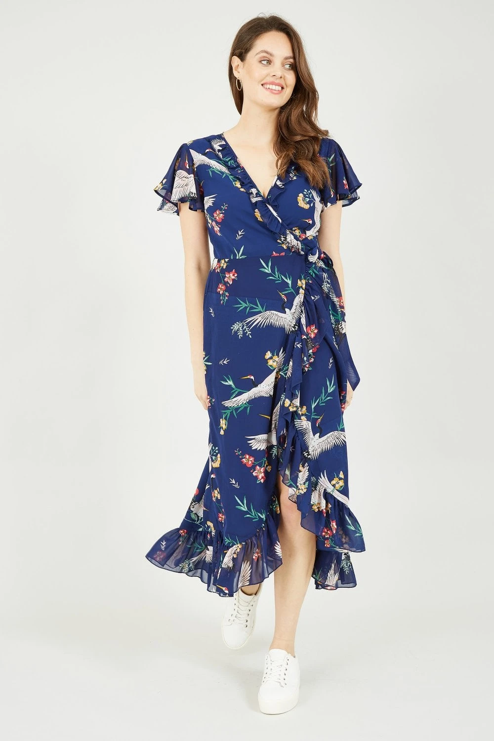 Yumi Navy Frill Crane Wrap Midi Dress 3 Yumi Navy Frill Crane Wrap Midi Dress - Image 3