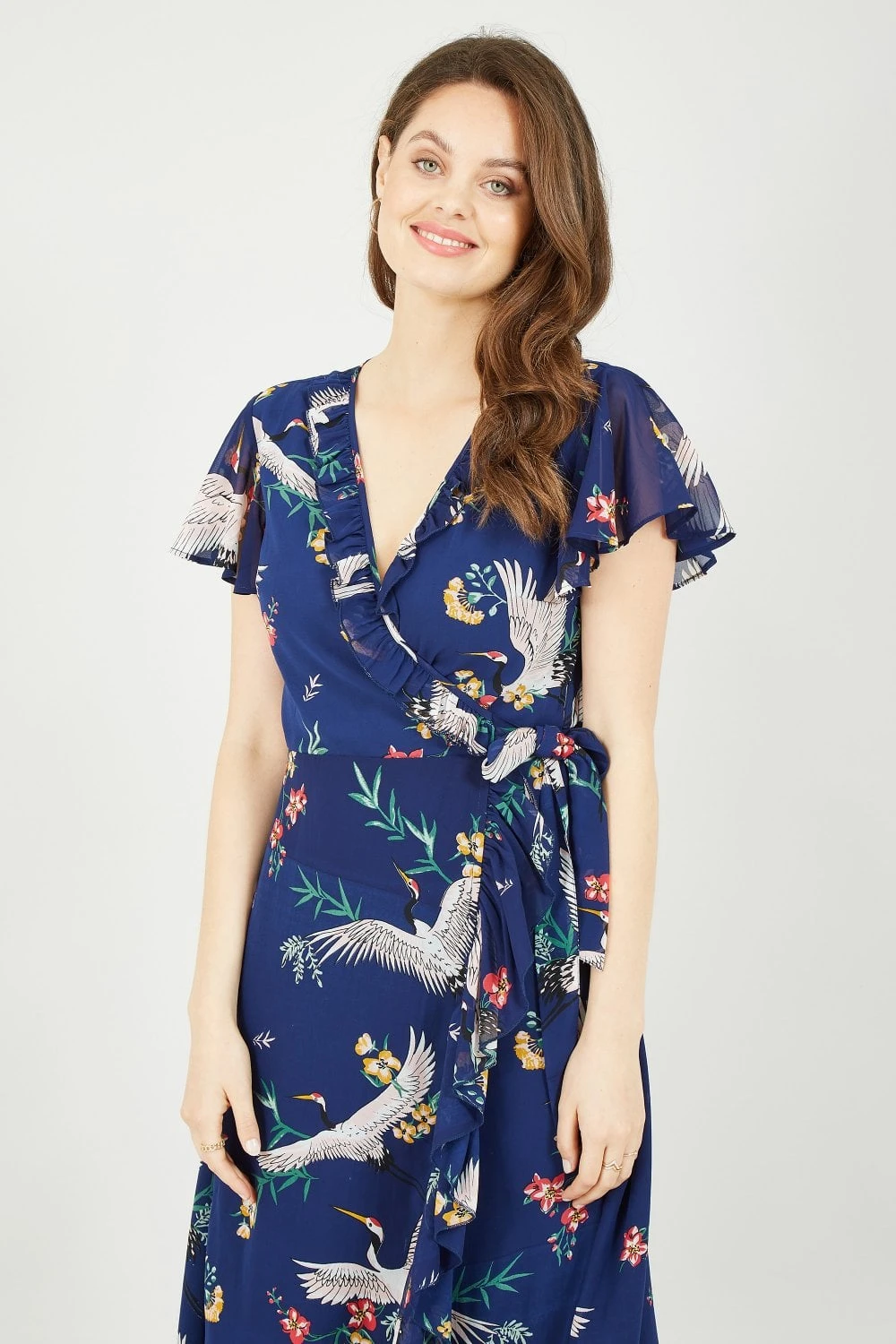 Yumi Navy Frill Crane Wrap Midi Dress 4 Yumi Navy Frill Crane Wrap Midi Dress - Image 4
