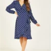 Yumi Navy Polka Dot Frill Wrap Dress