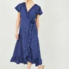 Yumi Navy Polkadot Frill Wrap Dress