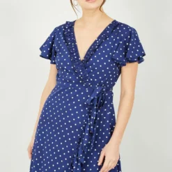 Yumi Navy Polkadot Frill Wrap Dress -Cheap My Dreamy Dress Store navy polkadot frill wrap dress p10535 111253 image