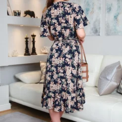 Navy Printed Wrap Frill Front Dress -Cheap My Dreamy Dress Store navy printed wrap frill front dress p23033 161368 image