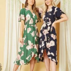 Navy Rose Printed Bubble Crepe Wrap Dress -Cheap My Dreamy Dress Store navy rose printed bubble crepe wrap dress p10564 110452 image