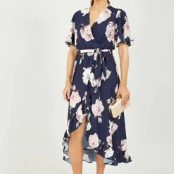Navy Rose Printed Bubble Crepe Wrap Dress -Cheap My Dreamy Dress Store navy rose printed bubble crepe wrap dress p10564 111924 image