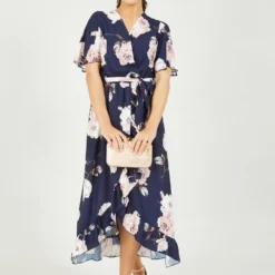 Navy Rose Printed Bubble Crepe Wrap Dress -Cheap My Dreamy Dress Store navy rose printed bubble crepe wrap dress p10564 111925 image