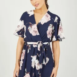 Navy Rose Printed Bubble Crepe Wrap Dress -Cheap My Dreamy Dress Store navy rose printed bubble crepe wrap dress p10564 111926 image