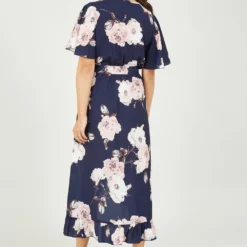 Navy Rose Printed Bubble Crepe Wrap Dress -Cheap My Dreamy Dress Store navy rose printed bubble crepe wrap dress p10564 111927 image