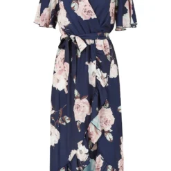 Navy Rose Printed Bubble Crepe Wrap Dress -Cheap My Dreamy Dress Store navy rose printed bubble crepe wrap dress p10564 111928 image