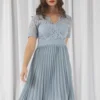 Pale Blue Wrap Lace Pleated Dress