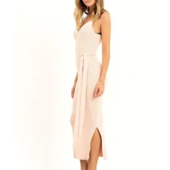 Pink V-Neck Belted Midi Dress -Cheap My Dreamy Dress Store pink v neck belted midi dress p7526 67417 image