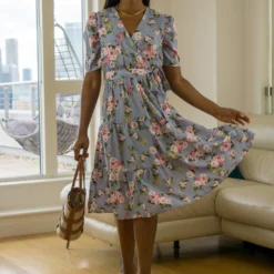 Printed Puff Sleeve Tiered Wrap Dress -Cheap My Dreamy Dress Store printed puff sleeve tiered wrap dress p23016 161215 image