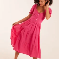 Puff Sleeve Button Through Midi Dress -Cheap My Dreamy Dress Store puff sleeve button through midi dress p23387 162887 image