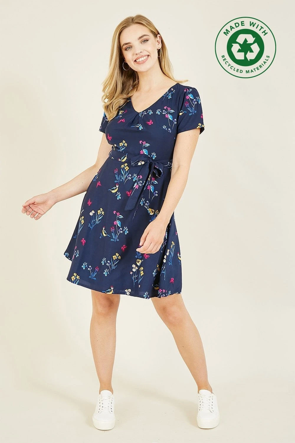 Yumi Recycled Navy Bird Print Skater Dress 1 Yumi Recycled Navy Bird Print Skater Dress