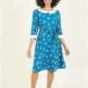 Yumi Recycled Teal Cat And Wool Print Skater Dress