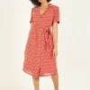 Yumi Red Ditsy Leaf Print Retro Shirt Dress