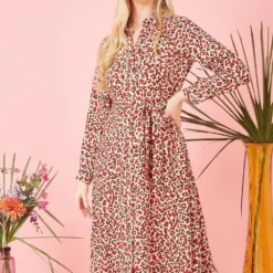 Yumi Red Leopard Print Long Sleeve Shirt Dress