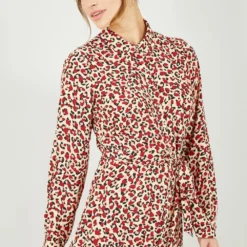 Yumi Red Leopard Print Long Sleeve Shirt Dress -Cheap My Dreamy Dress Store red leopard print long sleeve shirt dress p10224 110663 image