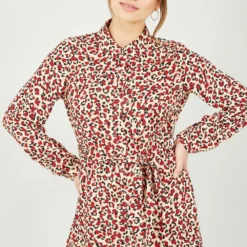 Yumi Red Leopard Print Long Sleeve Shirt Dress -Cheap My Dreamy Dress Store red leopard print long sleeve shirt dress p10224 110664 image