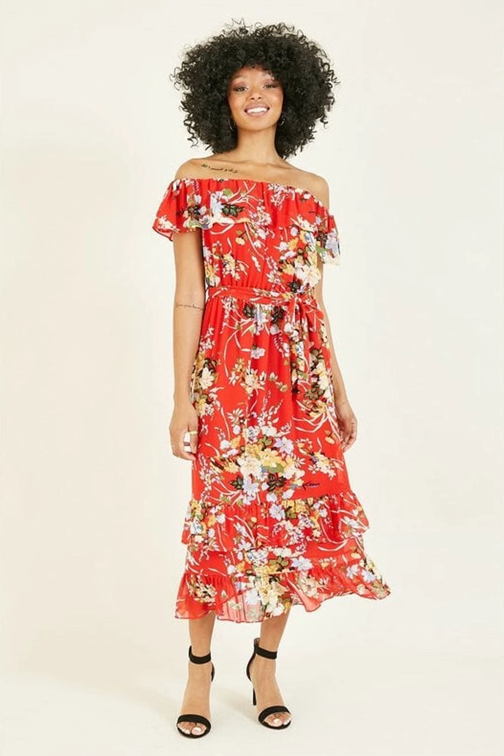 Yumi Red Oriental Bardot Frill Dress 1 Yumi Red Oriental Bardot Frill Dress