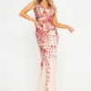 Red Sequin Champagne Mesh Insert Maxi Dress