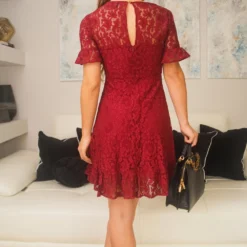 Red V-Neck Lace Dress With Frilled Hem -Cheap My Dreamy Dress Store red v neck lace dress with frilled hem p19826 147798 image