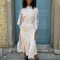 Ruby Marble Print Midi Dress With Drape Sleeve