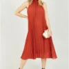 Yumi Rust Halter Neck Satin Pleated Midi Dress