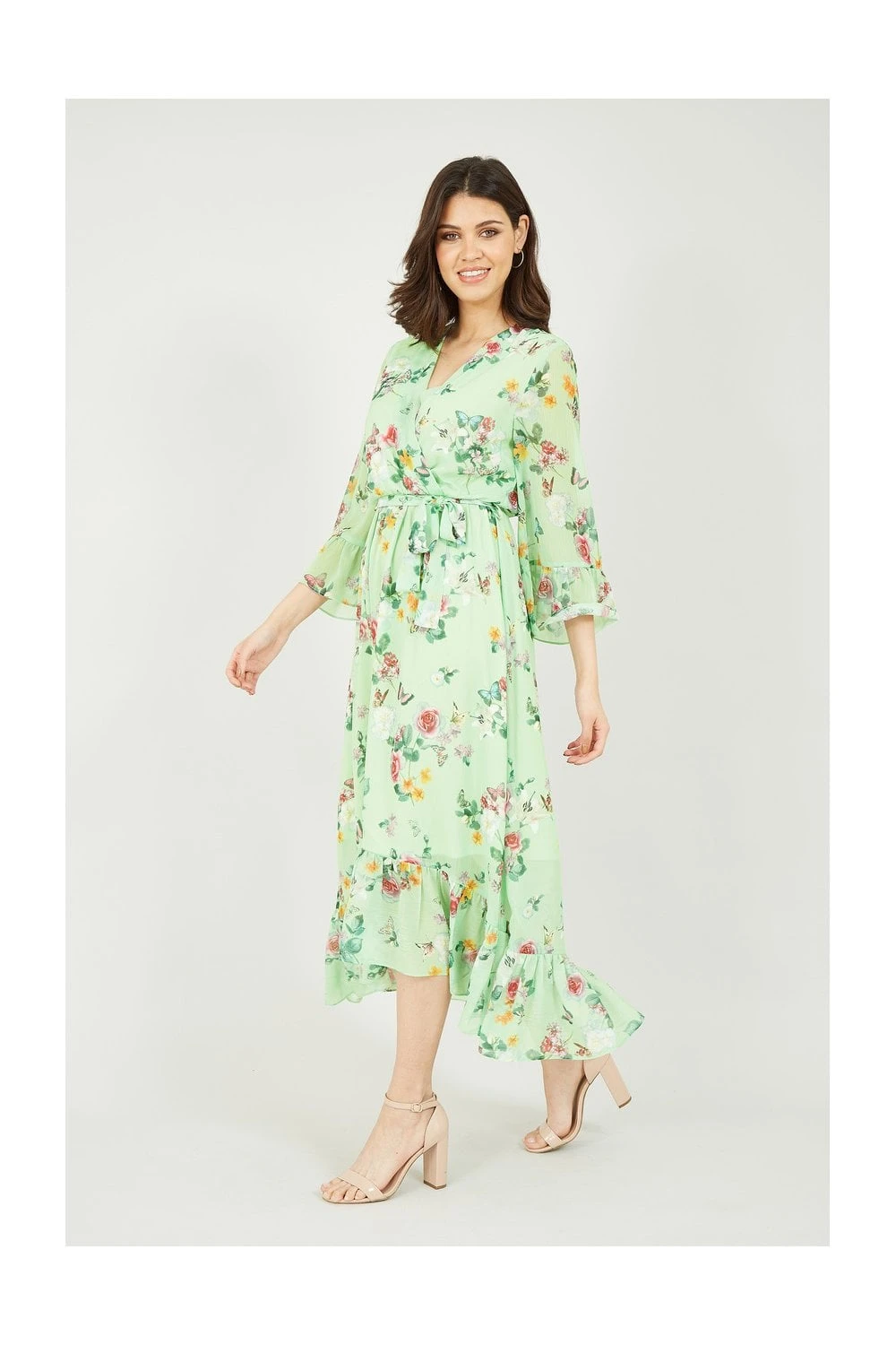 Yumi Sage Green Oriental Butterfly High Wrap Dress 4 Yumi Sage Green Oriental Butterfly High Wrap Dress - Image 4