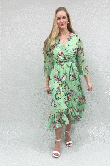Yumi Sage Green Oriental Butterfly High Wrap Dress 2 Yumi Sage Green Oriental Butterfly High Wrap Dress - Image 2