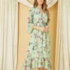Yumi Sage Green Oriental Butterfly High Wrap Dress