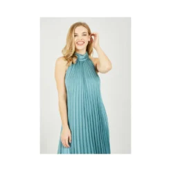 Yumi Teal Halter Neck Satin Pleated Midi Dress -Cheap My Dreamy Dress Store teal halter neck satin pleated midi dress p10185 100289 image