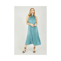 Yumi Teal Halter Neck Satin Pleated Midi Dress -Cheap My Dreamy Dress Store teal halter neck satin pleated midi dress p10185 100290 image
