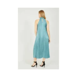 Yumi Teal Halter Neck Satin Pleated Midi Dress -Cheap My Dreamy Dress Store teal halter neck satin pleated midi dress p10185 100292 image
