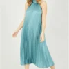 Yumi Teal Halter Neck Satin Pleated Midi Dress