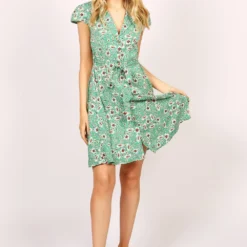 Cap Sleeve Floral Shirt Dress In Green -Cheap My Dreamy Dress Store tenki cap sleeve floral shirt dress in green p12226 133155 image