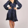 Full Sleeve Plain Wrap Midi Dress In Blue